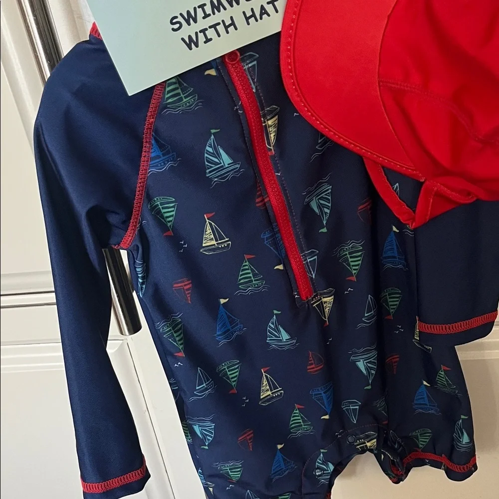 Kids Swimwear Set with hat- Navy and Red